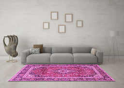 Machine Washable Medallion Pink Traditional Rug in a Living Room, wshtr2955pnk