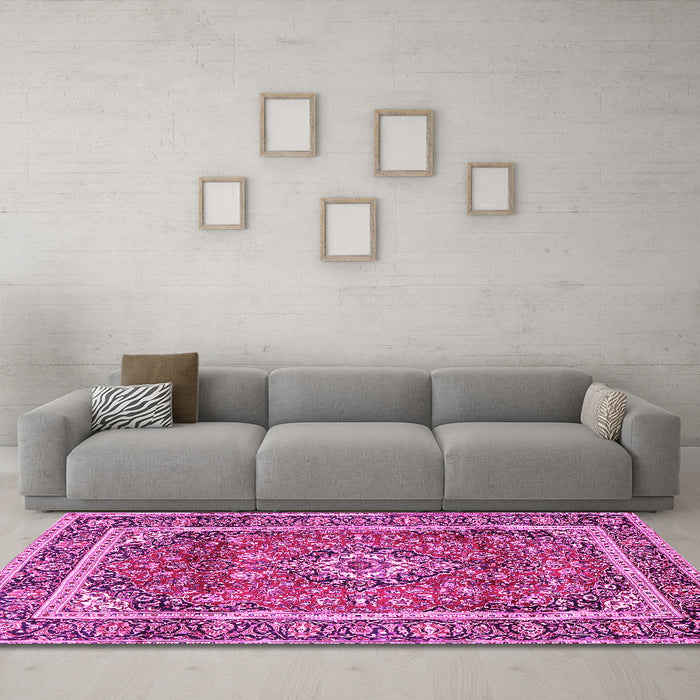 Machine Washable Medallion Pink Traditional Rug in a Living Room, wshtr2955pnk