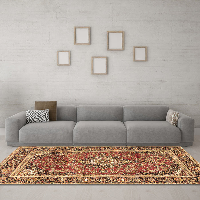 Machine Washable Medallion Brown Traditional Rug in a Living Room,, wshtr2955brn