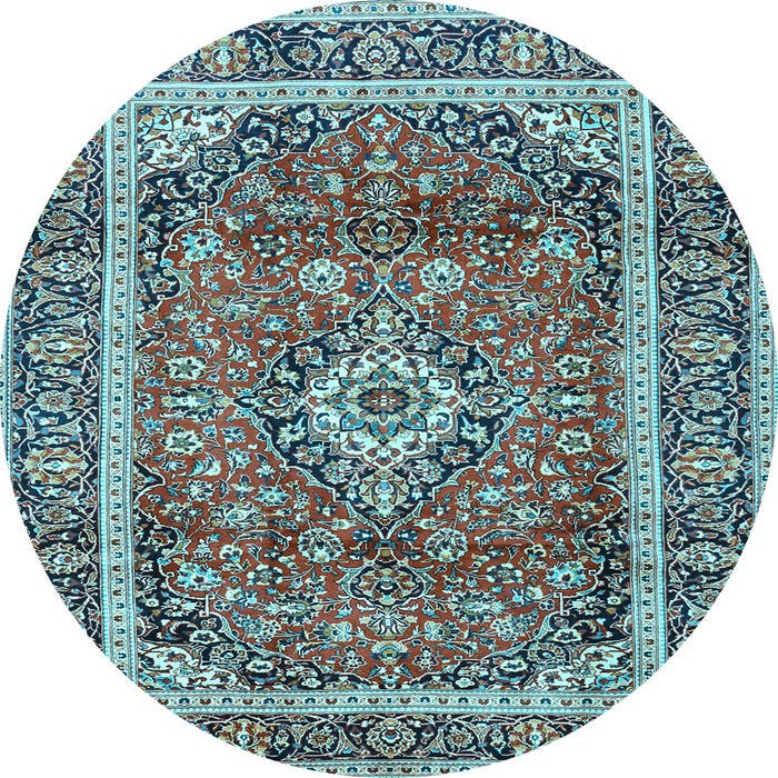 Round Machine Washable Medallion Light Blue Traditional Rug, wshtr2955lblu