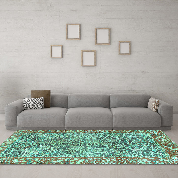 Machine Washable Persian Turquoise Traditional Area Rugs in a Living Room,, wshtr2956turq