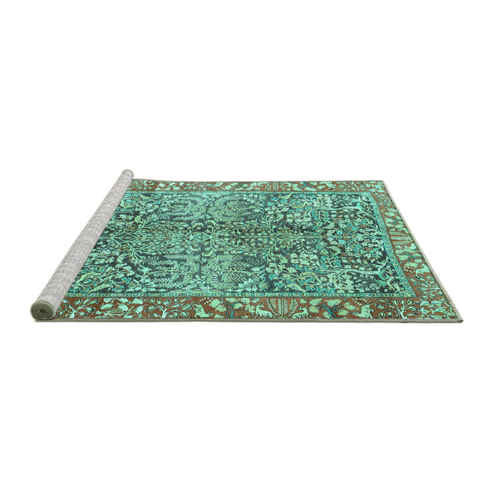 Sideview of Machine Washable Persian Turquoise Traditional Area Rugs, wshtr2956turq