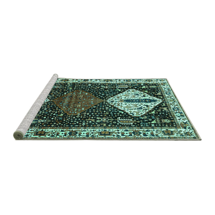 Sideview of Machine Washable Persian Turquoise Traditional Area Rugs, wshtr2957turq