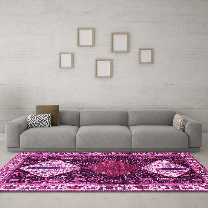 Machine Washable Persian Pink Traditional Rug in a Living Room, wshtr2957pnk
