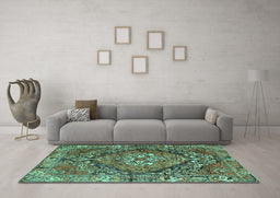 Machine Washable Persian Turquoise Traditional Area Rugs in a Living Room,, wshtr2958turq