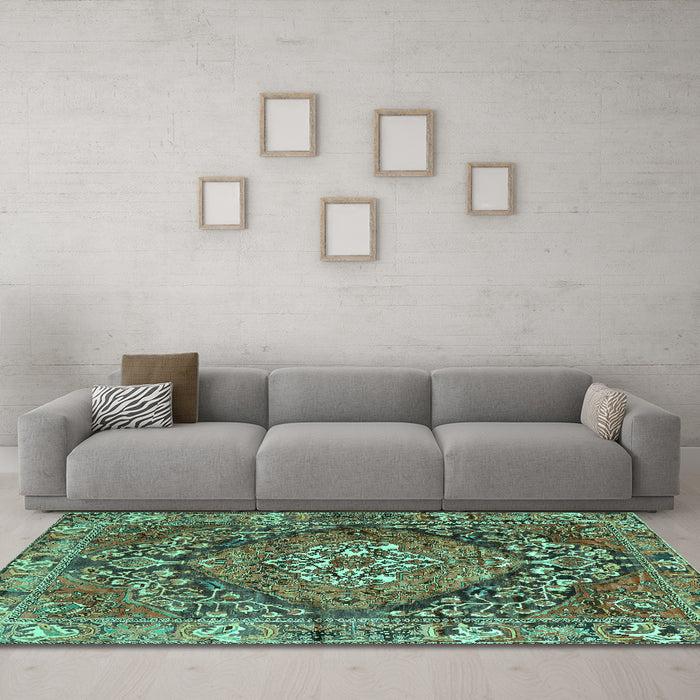 Machine Washable Persian Turquoise Traditional Area Rugs in a Living Room,, wshtr2958turq