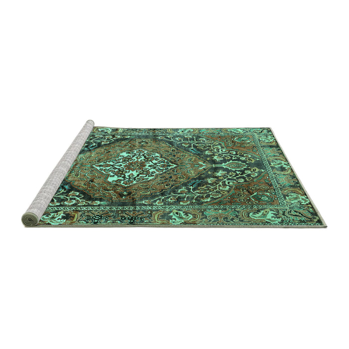 Sideview of Machine Washable Persian Turquoise Traditional Area Rugs, wshtr2958turq