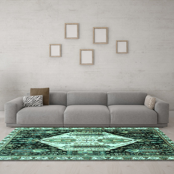 Machine Washable Persian Turquoise Traditional Area Rugs in a Living Room,, wshtr2959turq