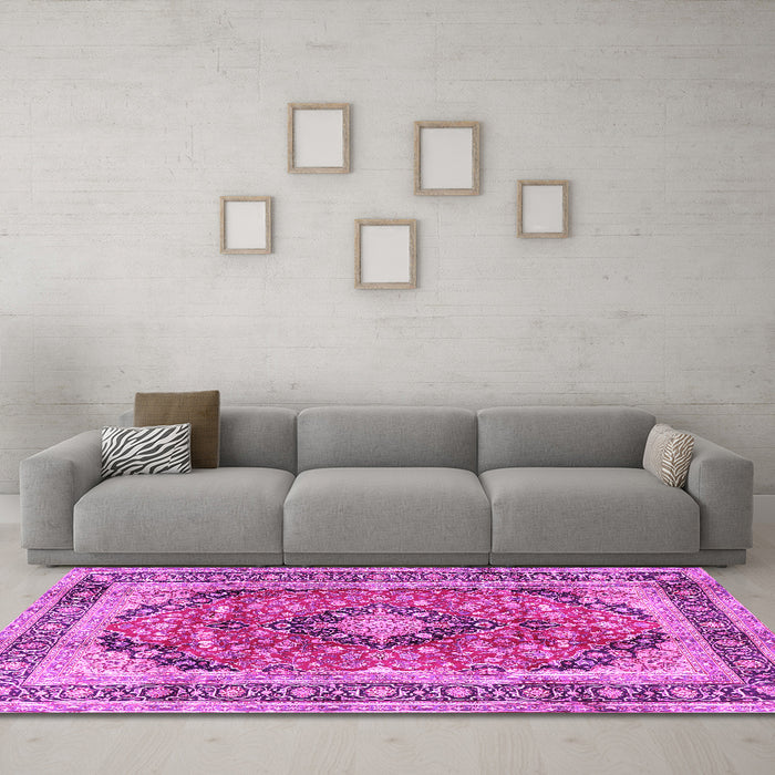 Machine Washable Medallion Pink Traditional Rug in a Living Room, wshtr2960pnk