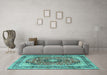 Machine Washable Medallion Turquoise Traditional Area Rugs in a Living Room,, wshtr2960turq