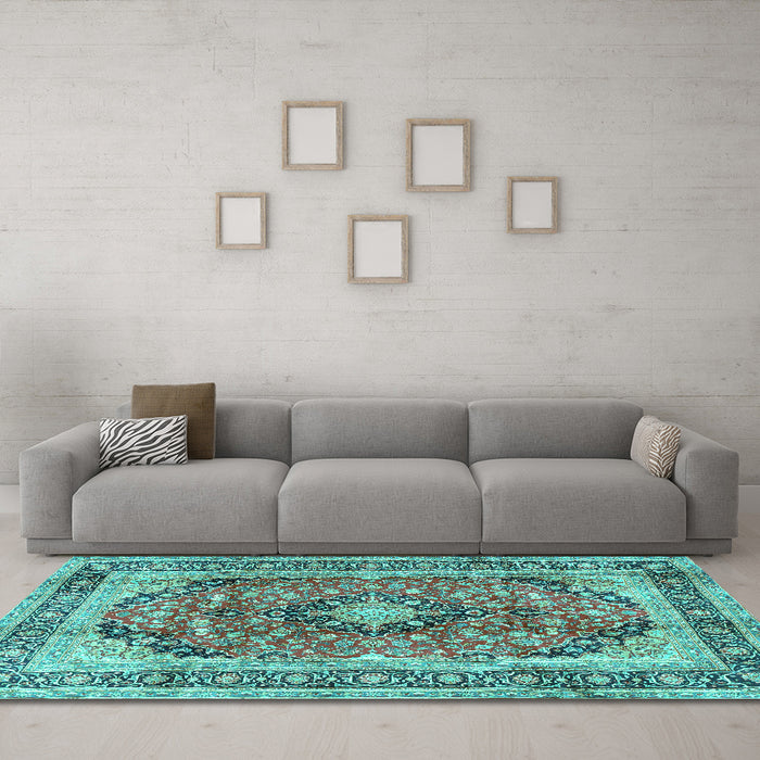Machine Washable Medallion Turquoise Traditional Area Rugs in a Living Room,, wshtr2960turq
