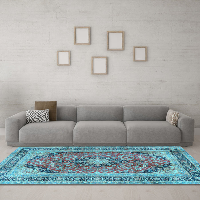 Machine Washable Medallion Light Blue Traditional Rug in a Living Room, wshtr2960lblu