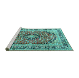 Sideview of Machine Washable Medallion Turquoise Traditional Area Rugs, wshtr2960turq