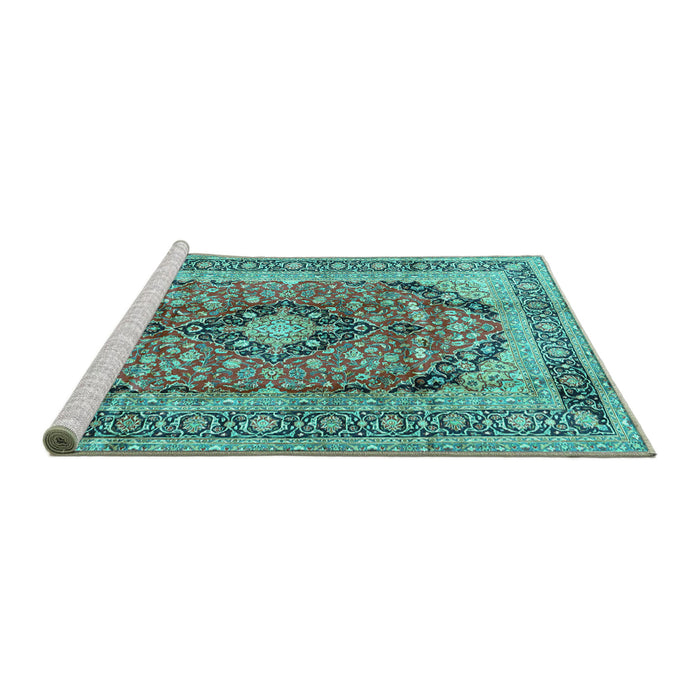 Sideview of Machine Washable Medallion Turquoise Traditional Area Rugs, wshtr2960turq