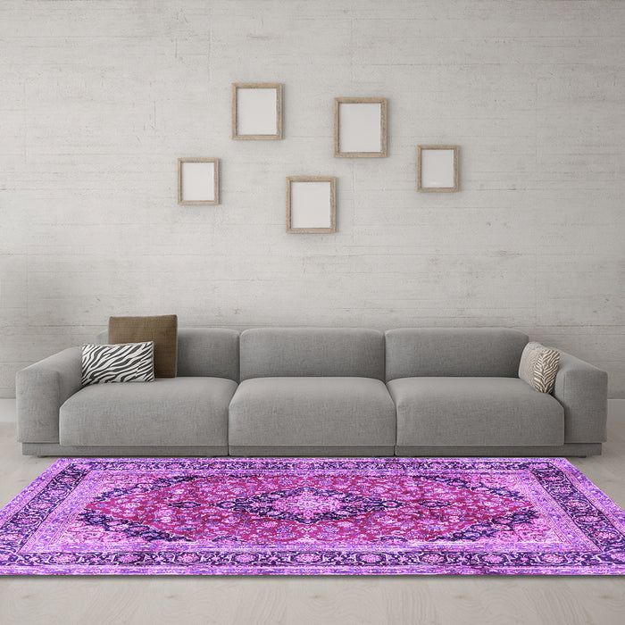Machine Washable Medallion Purple Traditional Area Rugs in a Living Room, wshtr2960pur