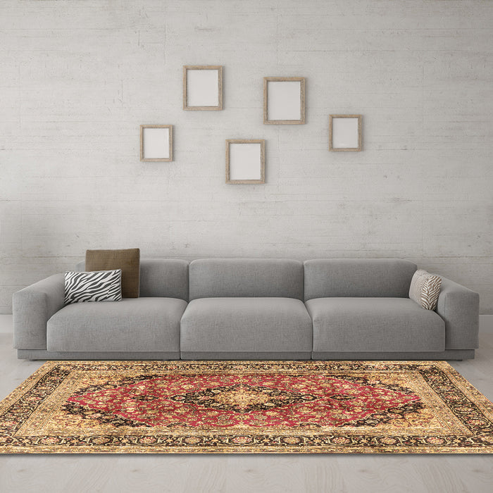 Machine Washable Medallion Brown Traditional Rug in a Living Room,, wshtr2960brn