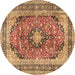 Round Machine Washable Medallion Brown Traditional Rug, wshtr2960brn