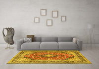 Machine Washable Medallion Yellow Traditional Rug, wshtr2960yw