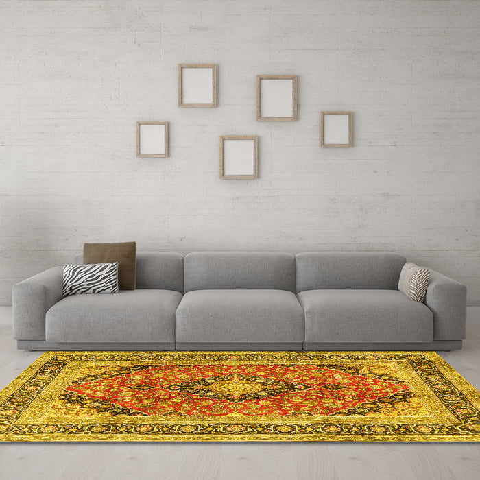 Machine Washable Medallion Yellow Traditional Rug in a Living Room, wshtr2960yw