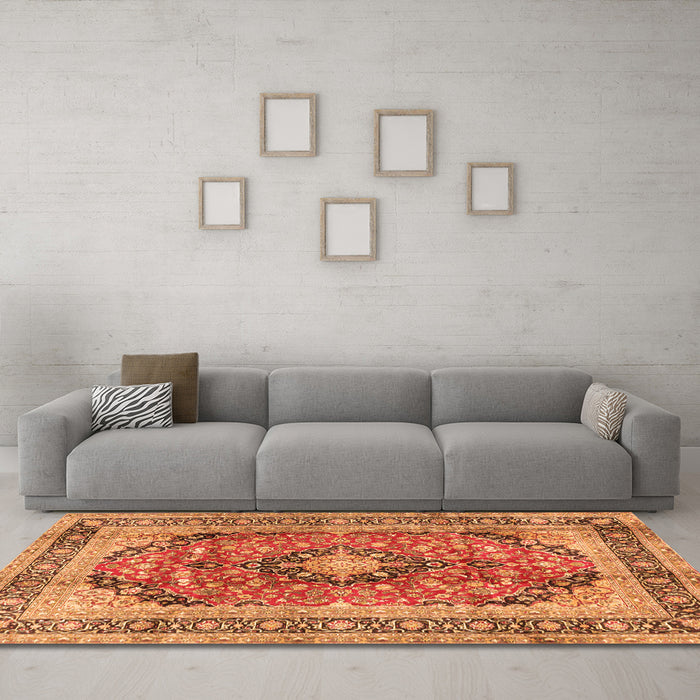 Machine Washable Medallion Orange Traditional Area Rugs in a Living Room, wshtr2960org