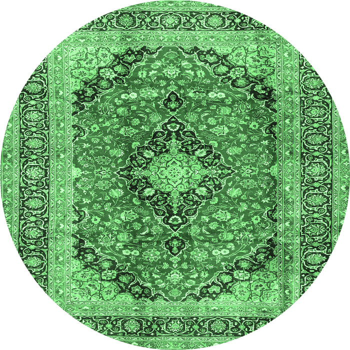 Round Machine Washable Medallion Emerald Green Traditional Area Rugs, wshtr2960emgrn