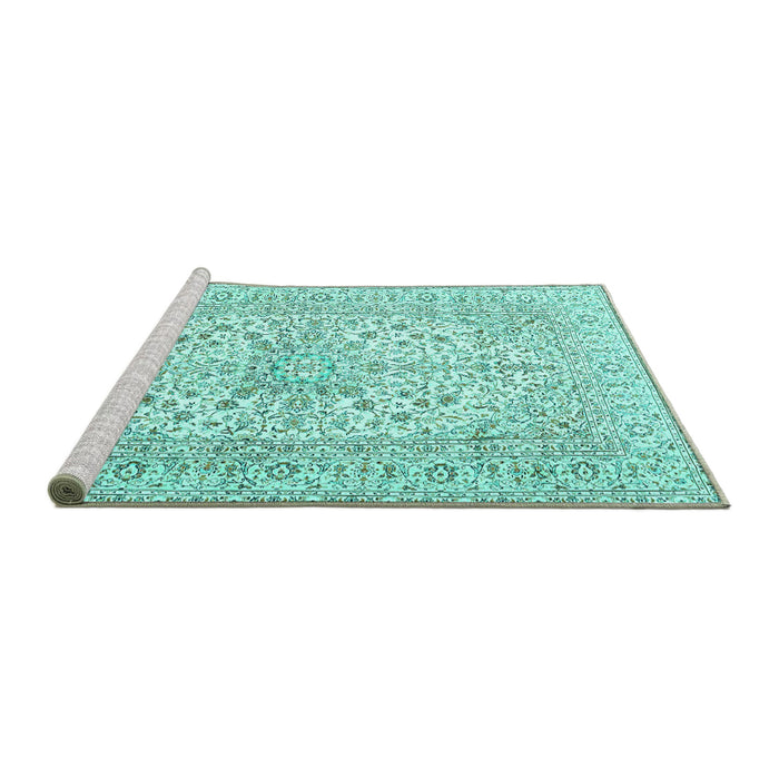 Sideview of Machine Washable Persian Turquoise Traditional Area Rugs, wshtr2961turq