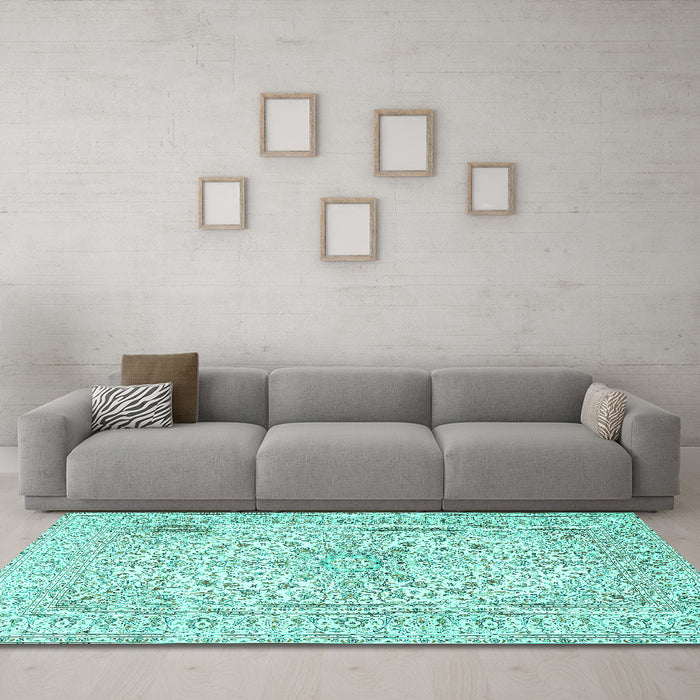 Machine Washable Persian Turquoise Traditional Area Rugs in a Living Room,, wshtr2961turq