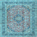 Square Machine Washable Medallion Light Blue Traditional Rug, wshtr2962lblu