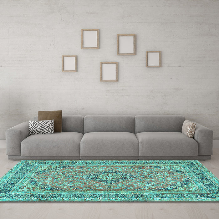 Machine Washable Medallion Turquoise Traditional Area Rugs in a Living Room,, wshtr2962turq