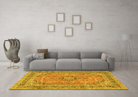 Machine Washable Medallion Yellow Traditional Rug, wshtr2962yw