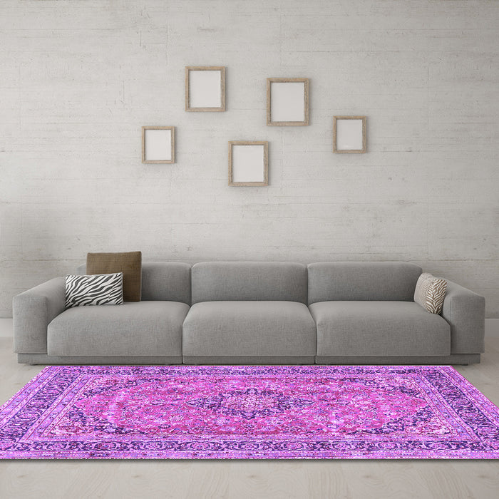 Machine Washable Medallion Purple Traditional Area Rugs in a Living Room, wshtr2962pur