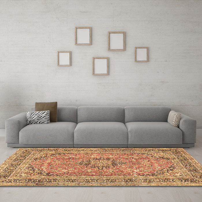 Machine Washable Medallion Brown Traditional Rug in a Living Room,, wshtr2962brn