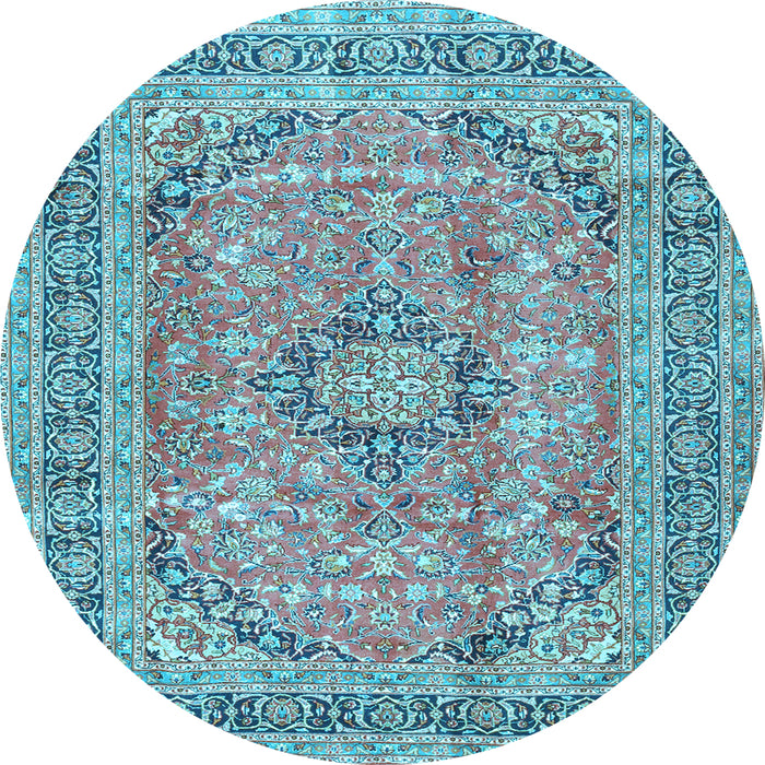 Round Machine Washable Medallion Light Blue Traditional Rug, wshtr2962lblu