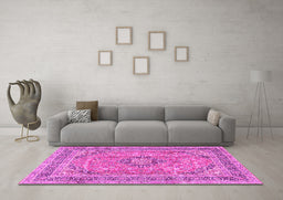 Machine Washable Medallion Pink Traditional Rug in a Living Room, wshtr2962pnk