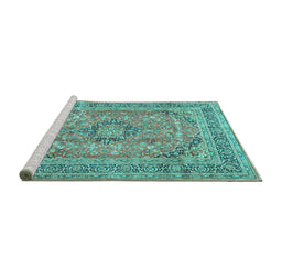 Sideview of Machine Washable Medallion Turquoise Traditional Area Rugs, wshtr2962turq