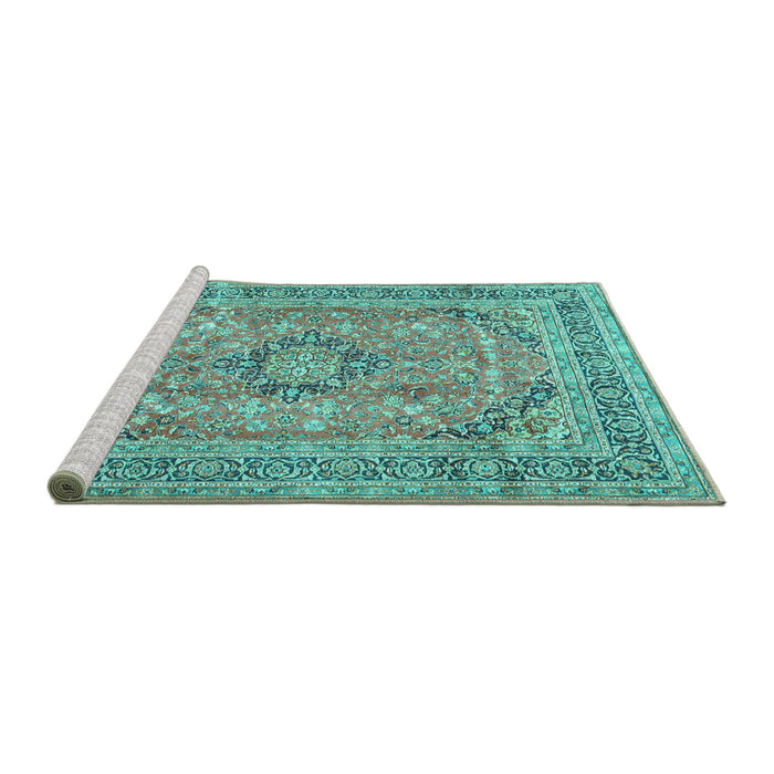 Sideview of Machine Washable Medallion Turquoise Traditional Area Rugs, wshtr2962turq
