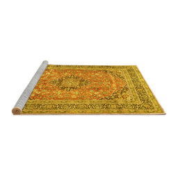 Sideview of Machine Washable Medallion Yellow Traditional Rug, wshtr2962yw