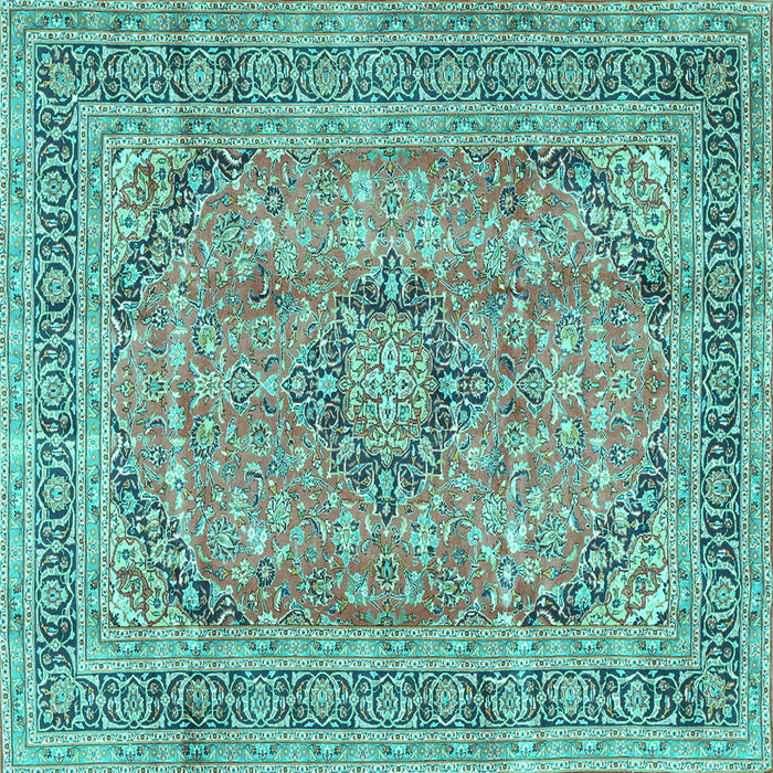 Square Machine Washable Medallion Turquoise Traditional Area Rugs, wshtr2962turq