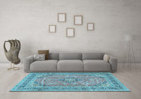 Machine Washable Medallion Light Blue Traditional Rug, wshtr2962lblu