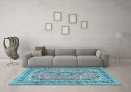 Machine Washable Medallion Light Blue Traditional Rug in a Living Room, wshtr2962lblu