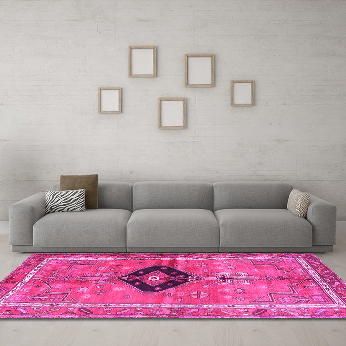 Machine Washable Persian Pink Traditional Rug in a Living Room, wshtr2963pnk