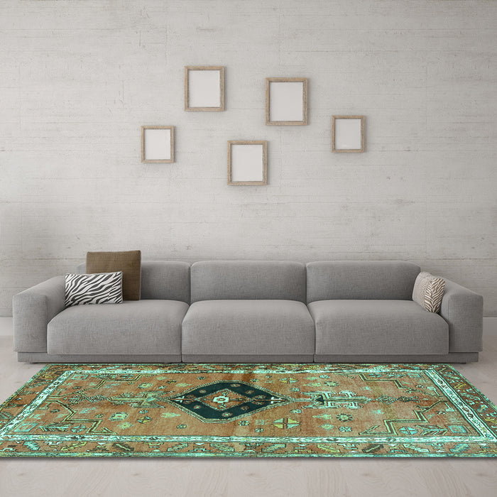 Machine Washable Persian Turquoise Traditional Area Rugs in a Living Room,, wshtr2963turq