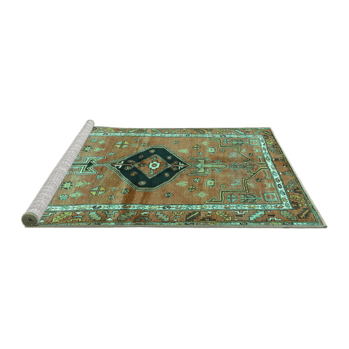 Sideview of Machine Washable Persian Turquoise Traditional Area Rugs, wshtr2963turq