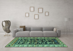 Machine Washable Persian Turquoise Traditional Area Rugs in a Living Room,, wshtr2964turq