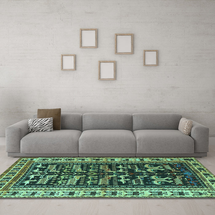 Machine Washable Persian Turquoise Traditional Area Rugs in a Living Room,, wshtr2964turq