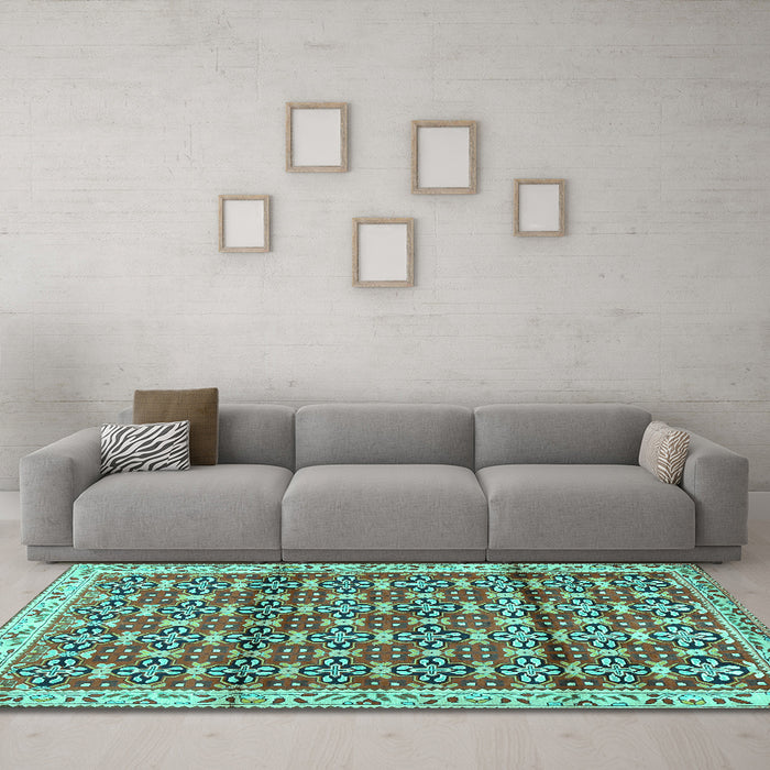 Machine Washable Persian Turquoise Traditional Area Rugs in a Living Room,, wshtr2966turq