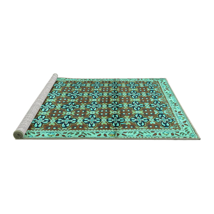Sideview of Machine Washable Persian Turquoise Traditional Area Rugs, wshtr2966turq