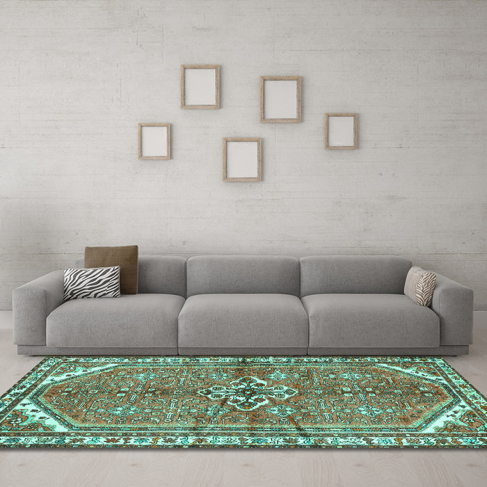 Machine Washable Persian Turquoise Traditional Area Rugs in a Living Room,, wshtr2967turq