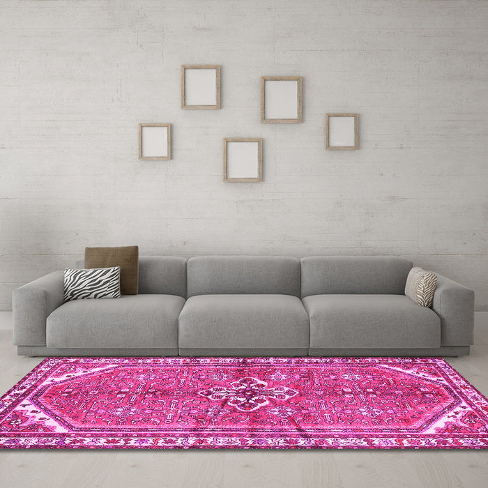 Machine Washable Persian Pink Traditional Rug in a Living Room, wshtr2967pnk