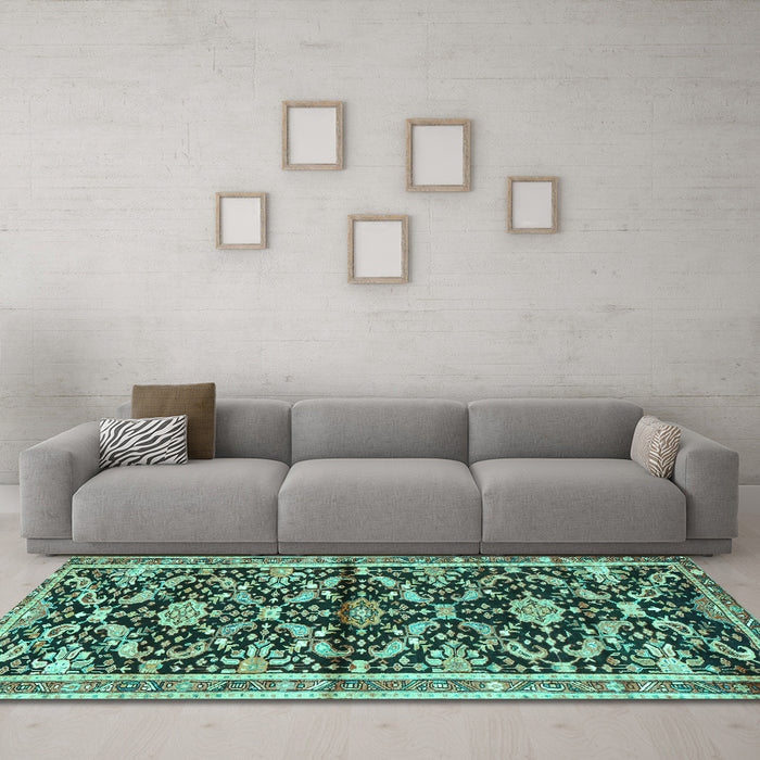 Machine Washable Animal Turquoise Traditional Area Rugs in a Living Room,, wshtr2969turq